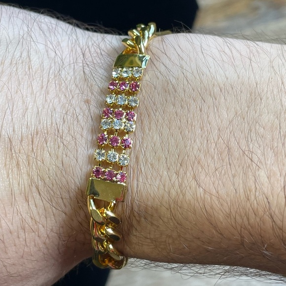 Vintage Deadstock 10KT Gold Filled Pink & White Quartz Crystal Figaro Bracelet - Picture 1 of 8